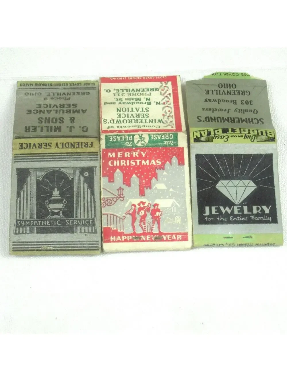 3 Vintage Matchbook Covers Greenville Ohio Jewelers, Services Station, Ambulance